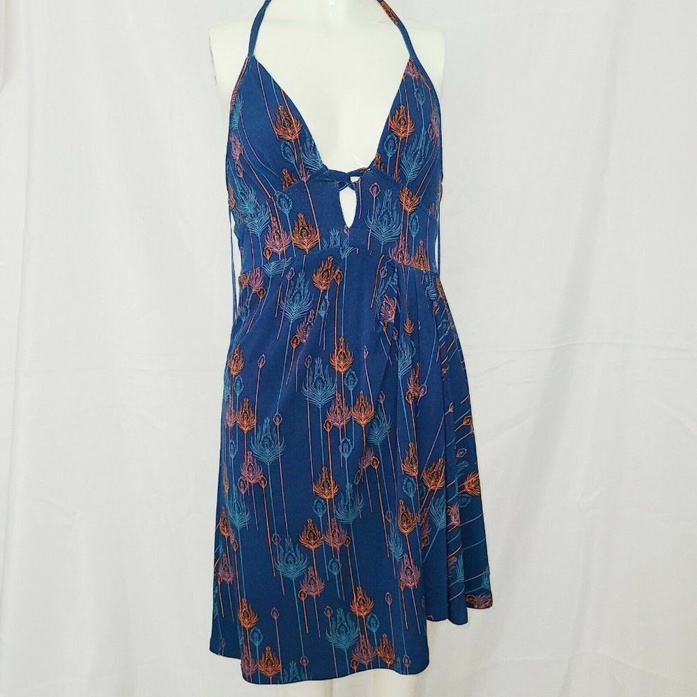 Free People Blue Peacock feather print Lined Halter Dress Boho Extra Small XS - Picture 1 of 11